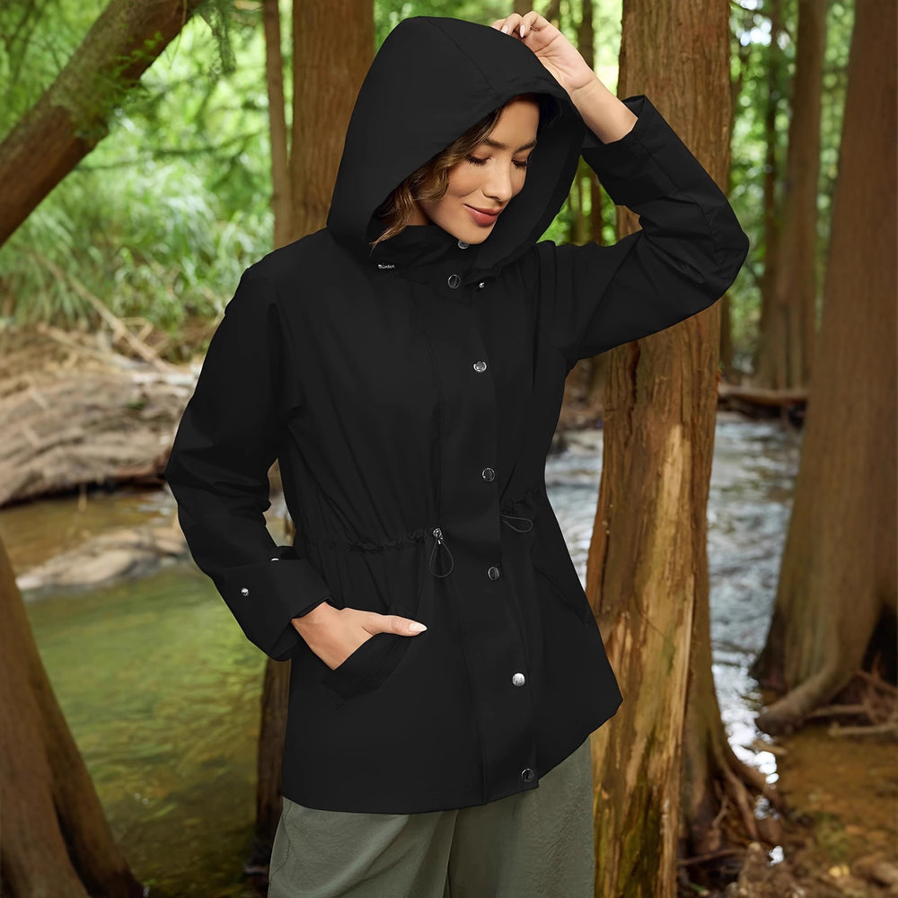 Damen funktionale Übergangsjacke mit verstellbarem Bund und Kapuze Heidi-Mode