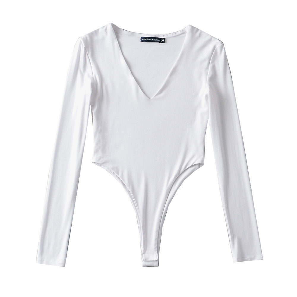 Damen figurbetontes Langarmbodysuit mit tiefem V-Ausschnitt Heidi-Mode