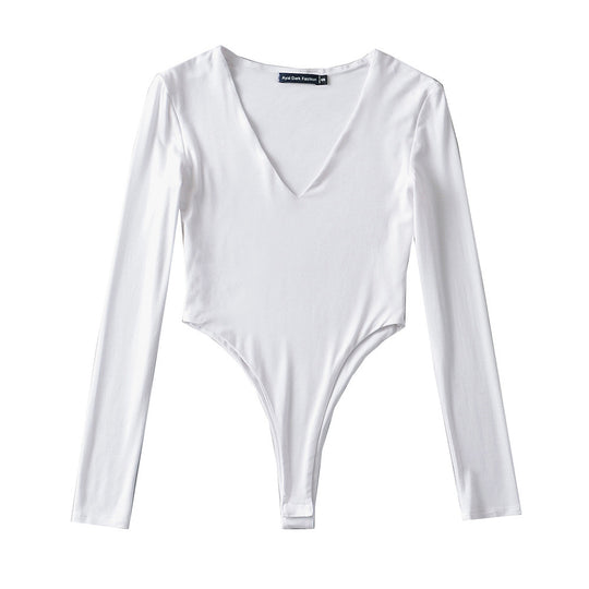 Damen figurbetontes Langarmbodysuit mit tiefem V-Ausschnitt Heidi-Mode