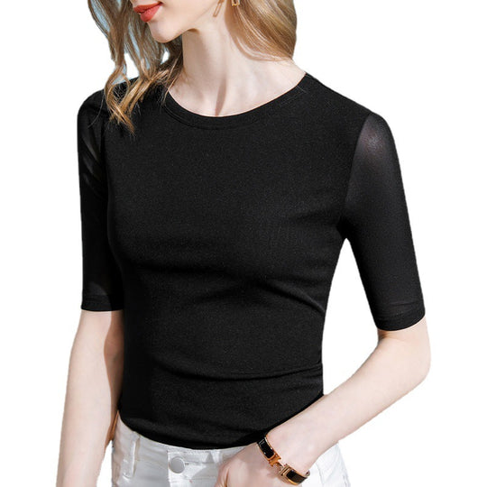 Damen Figurbetontes Shirt mit transparenten Ärmeln und elegantem Design Heidi-Mode