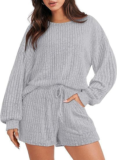 Damen gemütlicher Fleece Lounge-Anzug mit weiten Ärmeln und elastischem Bund Heidi-Mode