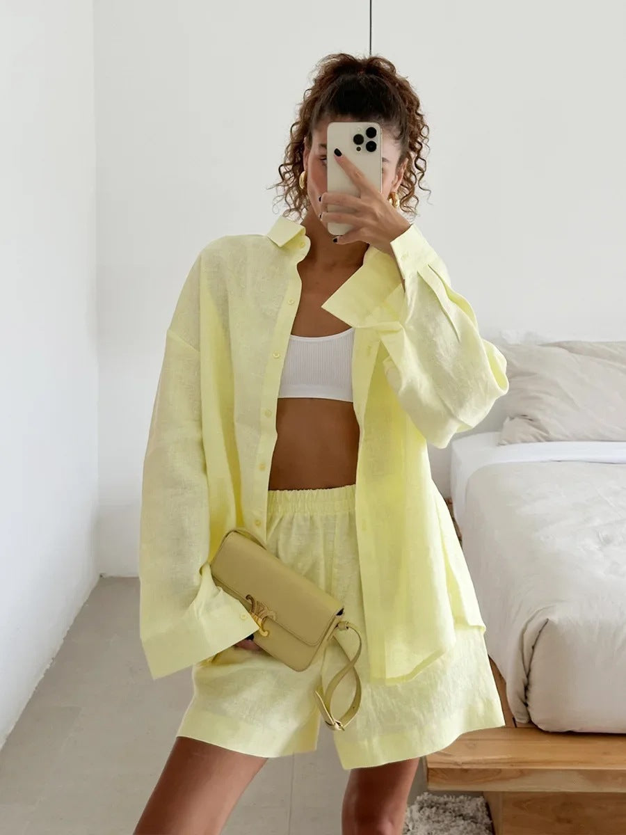 Damen lässiges Leinen Set mit lockerer Bluse und Shorts Heidi-Mode
