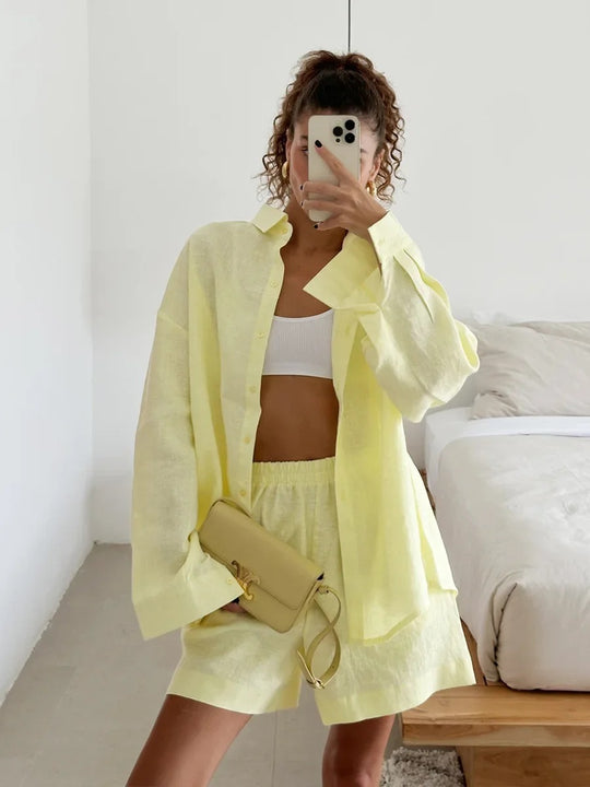 Damen lässiges Leinen Set mit lockerer Bluse und Shorts Heidi-Mode
