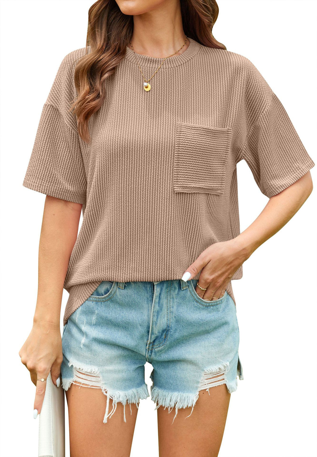 Damen lässiges T-Shirt mit strukturierter Textur und praktischer Brusttasche Heidi-Mode