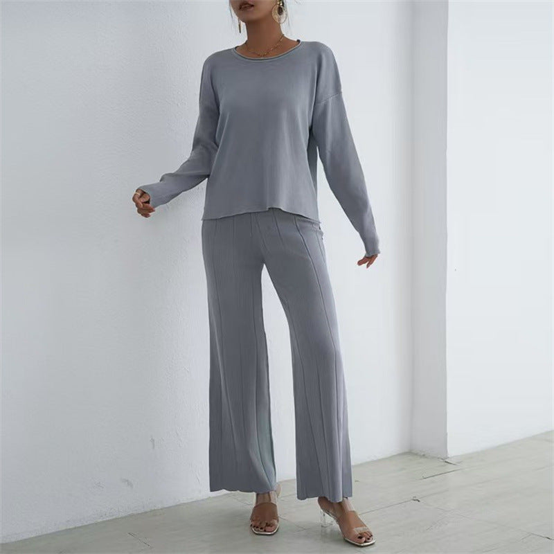Damen lässiges und elegantes Strick-Loungewear-Set mit weitem Bein und feinen Rippenstrukturen Heidi-Mode