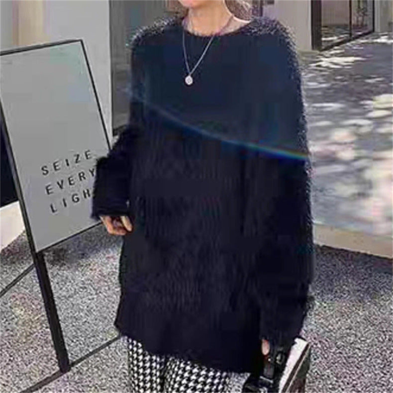 Damen Flauschiger Rundhals-Pullover mit lässigem Schnitt und oversized Passform Heidi-Mode