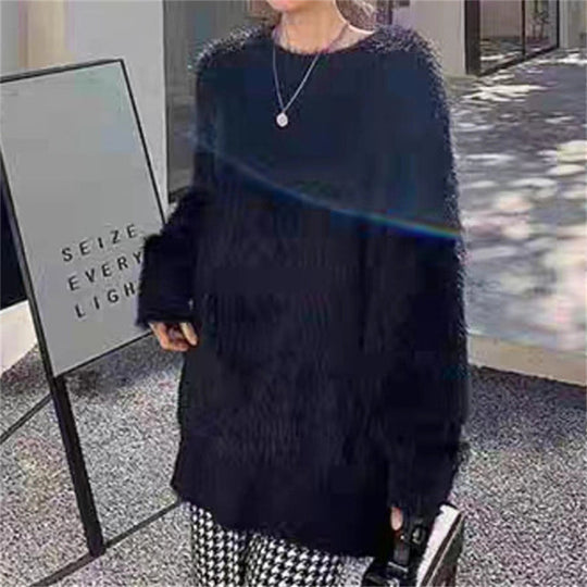 Damen Flauschiger Rundhals-Pullover mit lässigem Schnitt und oversized Passform Heidi-Mode