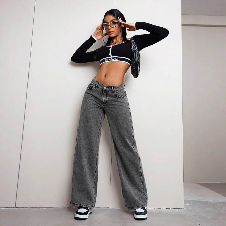 Damen weite Jeanshose mit hohem Bund und lässigem Schnitt Heidi-Mode