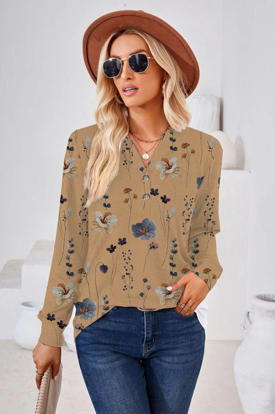Damen Langarm-Bluse mit floralem Druck und Knopfleiste Heidi-Mode