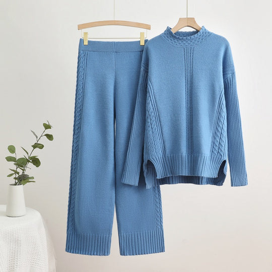 Damen komfortables Strick-Loungewear-Set mit hohen Bündchen und dekorativen Zopfmustern Heidi-Mode