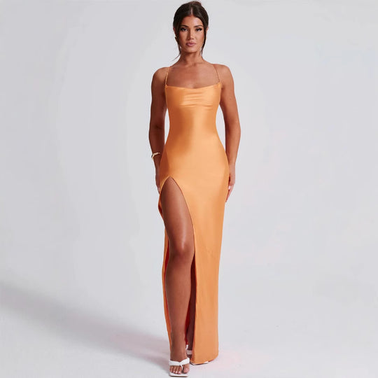 Damen Elegantes Maxikleid mit schmalen Spaghettiträgern und seitlichem Schlitz Heidi-Mode