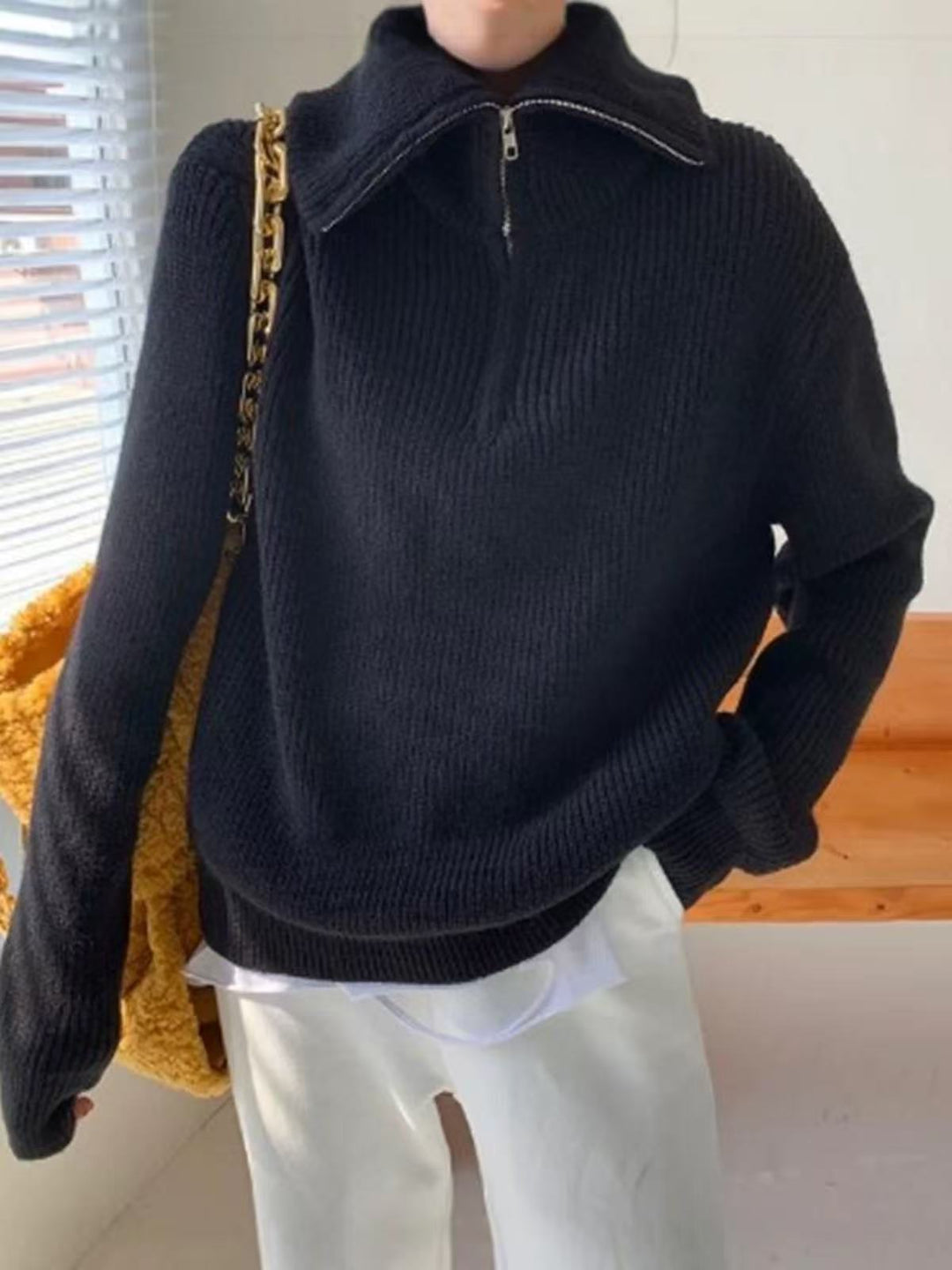 Damen Leichter Strickpullover mit hohem Kragen und Reißverschluss Heidi-Mode