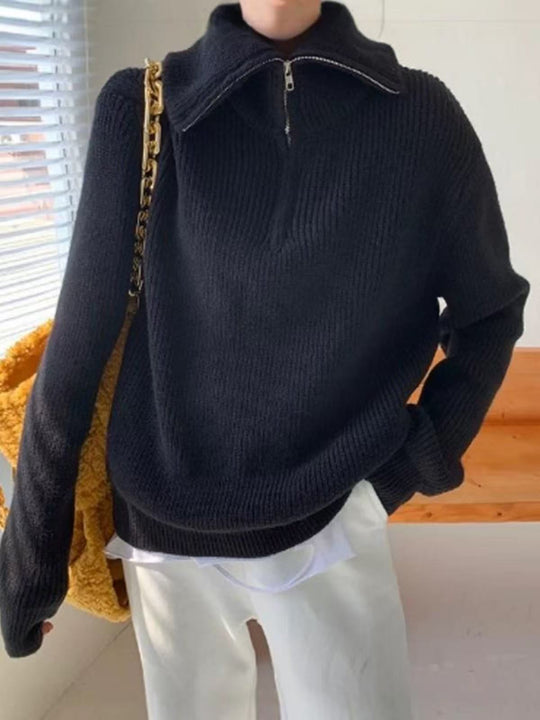 Damen Leichter Strickpullover mit hohem Kragen und Reißverschluss Heidi-Mode