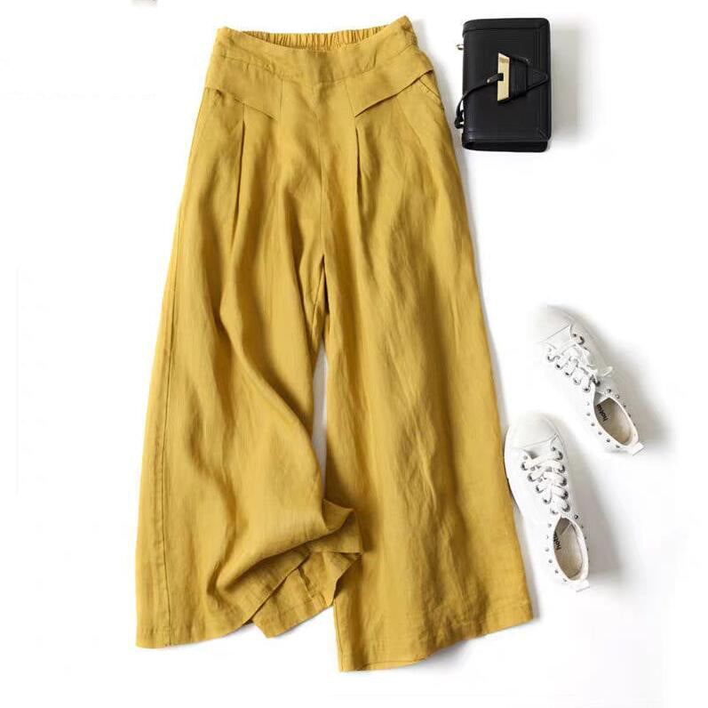 Damen Weit geschnittene Leinenhose mit hohem Bund und eleganten Falten Heidi-Mode