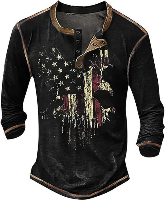 Herren Langarmshirt mit künstlerischem Grafikdruck und praktischem Knopfverschluss Heidi-Mode