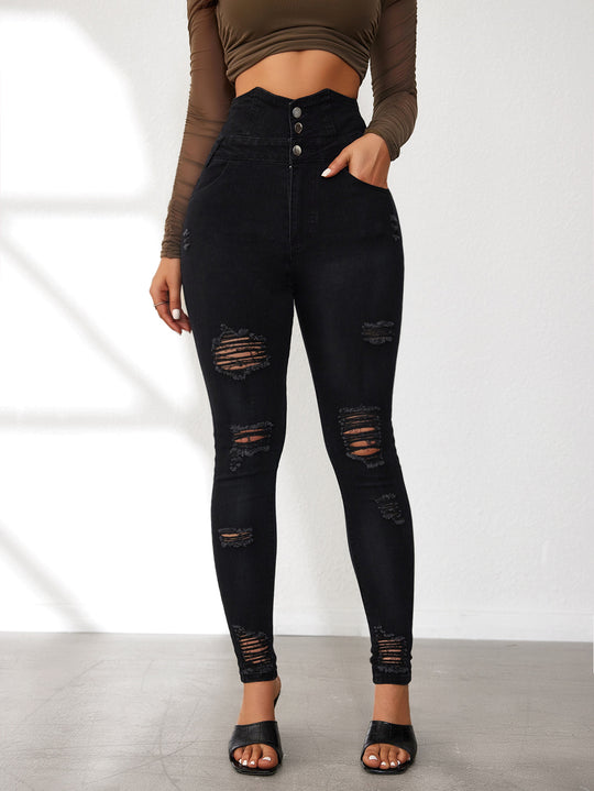 Damen Hochtaillierte Skinny Jeans mit modischen Rissen und eleganter Knopfleiste Heidi-Mode