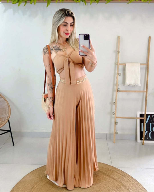 Damen Plissierte weite Hose mit Bindegürtel Heidi-Mode