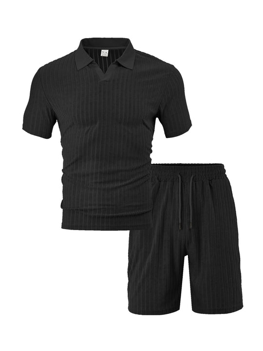 Herren Freizeit-Set aus strukturiertem Baumwollmix mit modischem V-Ausschnitt und elastischem Bund Heidi-Mode