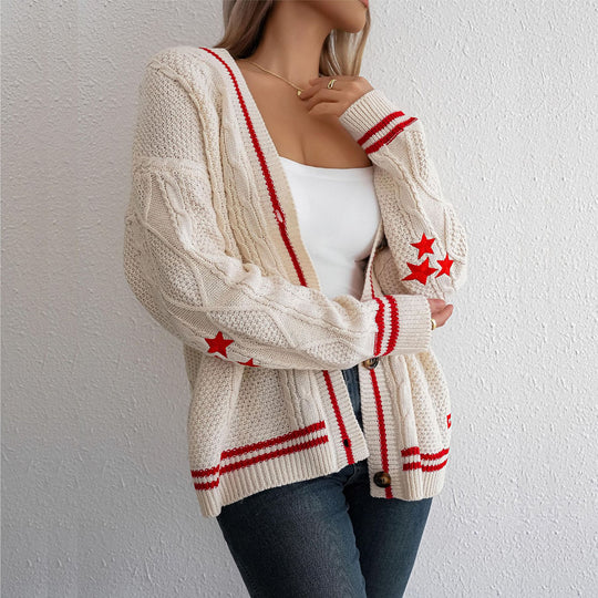 Damen Grobstrickjacke mit eleganten Sternenapplikationen und kontrastierenden Details Heidi-Mode