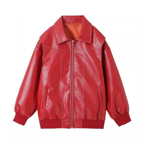 Damen stylische Kunstlederjacke mit voluminösen Ärmeln und praktischen Zipper-Taschen Heidi-Mode