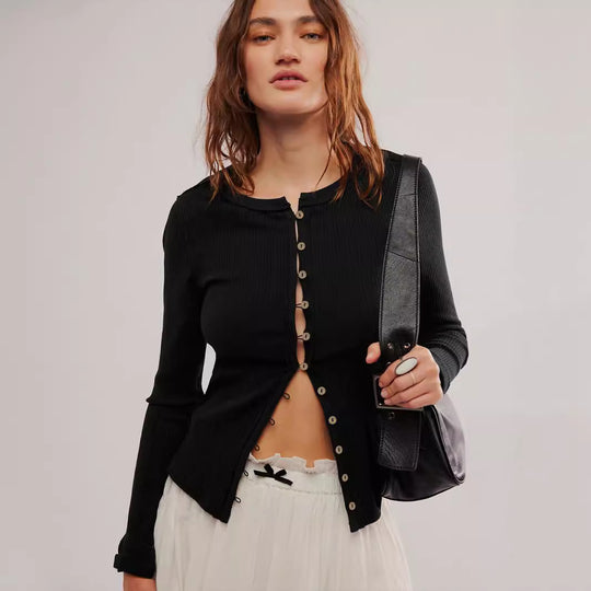 Damen Langärmliges Rippoberteil mit durchgehender Knopfleiste und figurbetontem Schnitt Heidi-Mode