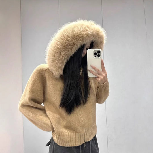 Damen kuschelige Strickjacke mit luxuriösem Pelzkragen und Reißverschluss Heidi-Mode