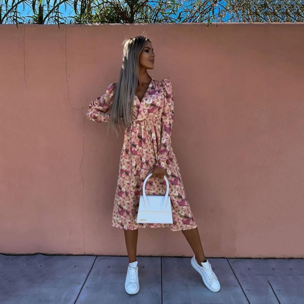 Heidi-Mode | Bedrucktes Taillenbetontes Mid-Ärmel Kleid