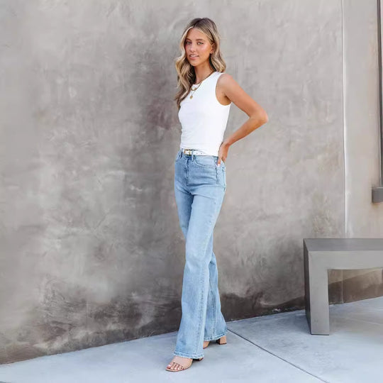 Damen High-Waist Bootcut Jeans mit raffinierter Waschung und bequemer Passform Heidi-Mode