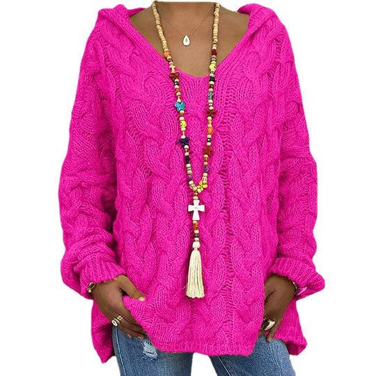 Damen Hoody aus Grobstrick mit V-Ausschnitt und dekorativem Kordelzug Heidi-Mode