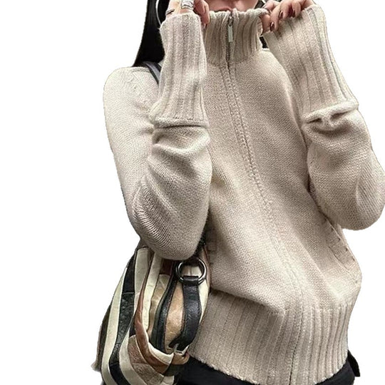 Damen Strickpullover mit hohem Stehkragen und Rippstruktur Heidi-Mode