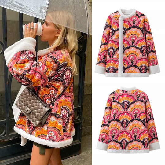 Damen modische Steppjacke mit farbenfrohem Muster und flauschigem Futter Heidi-Mode