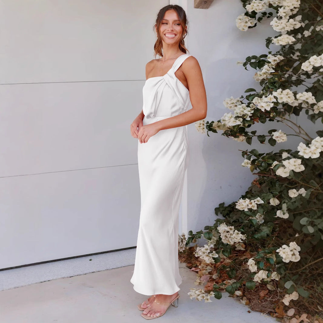 Damen elegantes Maxikleid mit einer Schulter und Knotendetail Heidi-Mode