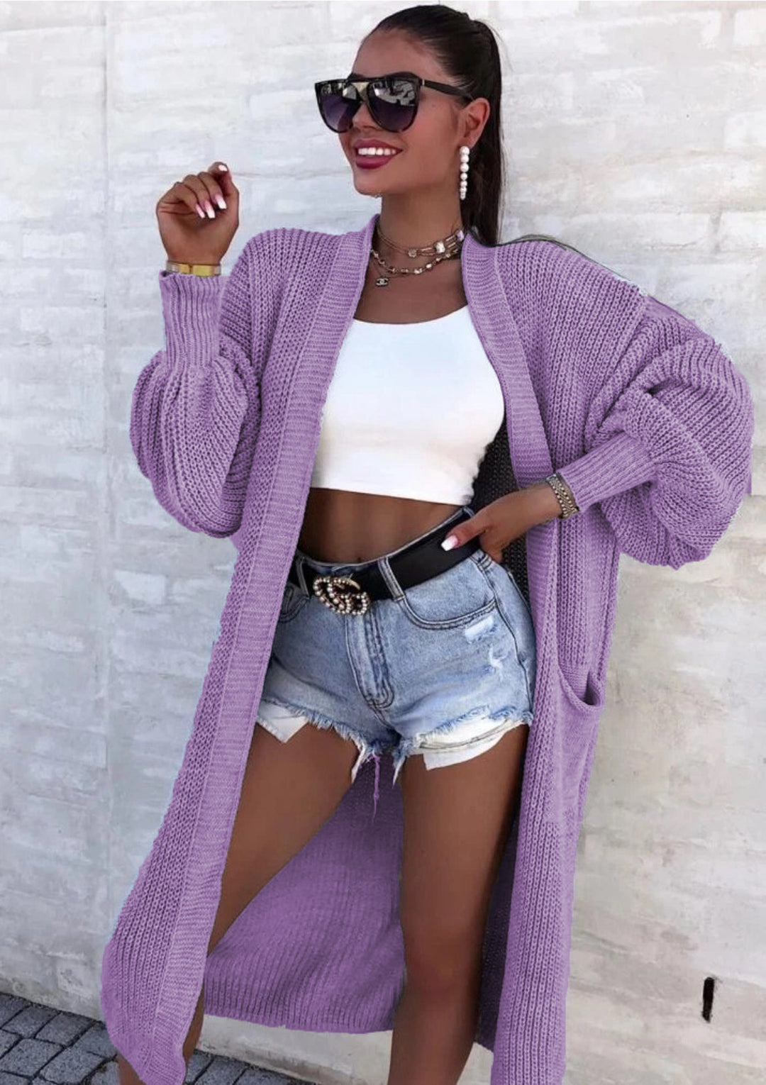 Damen Langer Strickcardigan mit weiten Ärmeln und praktischen Taschen Heidi-Mode