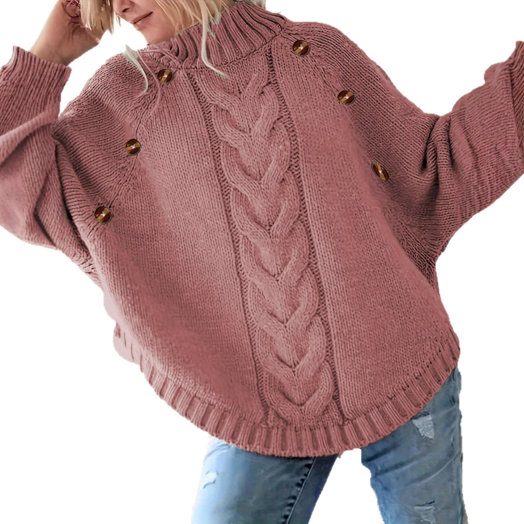Damen Grobstrickpullover mit hochgeschlossenem Kragen und dekorativen Knöpfen Heidi-Mode