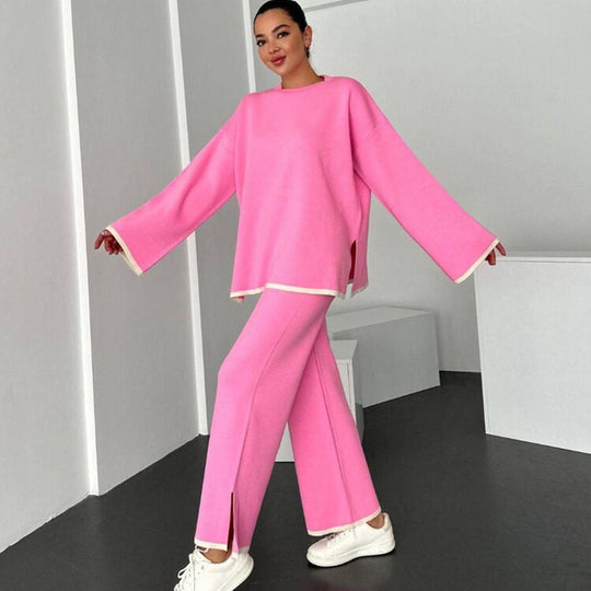 Damen lässiger Strickanzug mit weitem Schnitt und seitlichen Schlitzen Heidi-Mode