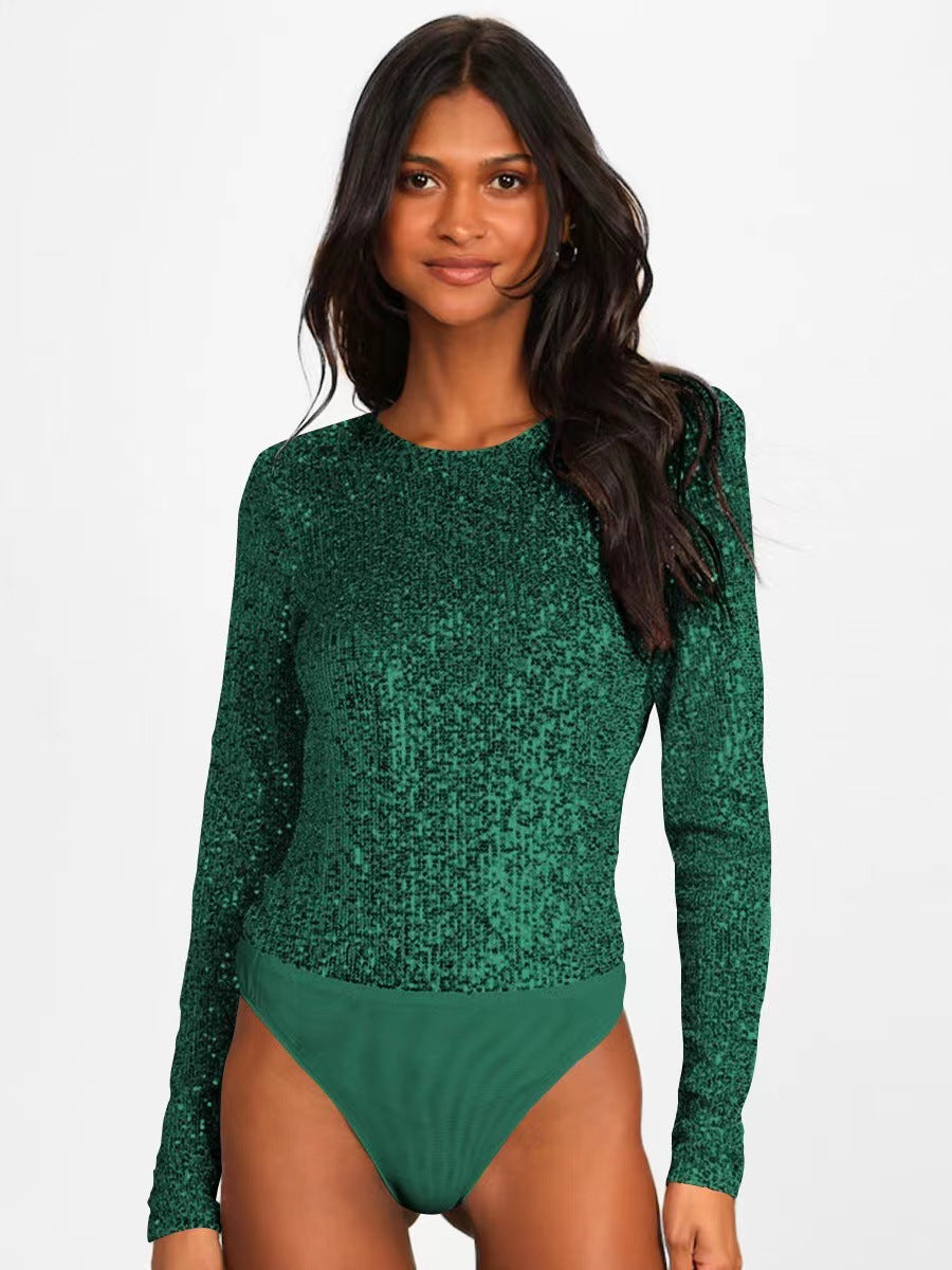 Damen Funktionsreicher Pailletten-Bodysuit mit langem Arm Heidi-Mode