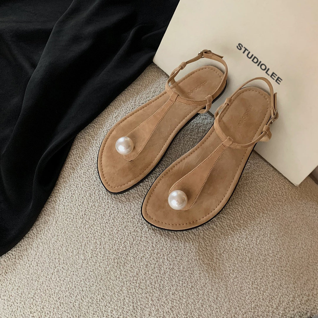 Damen Perlenverzierte T-Strap Flache Sandalen Heidi-Mode