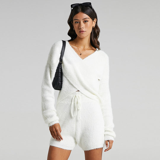 Damen gestricktes Lounge-Set mit V-Ausschnitt und elastischem Taillenzug Heidi-Mode