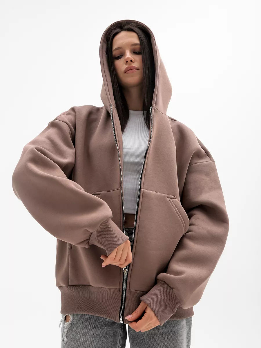 Damen lässiger Kapuzensweat mit übergroßem Schnitt und praktischem Reißverschluss Heidi-Mode