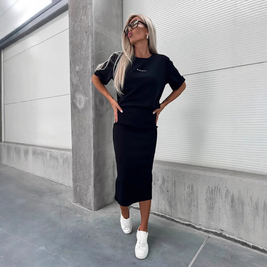 Damen Modisches Strickensemble mit lässigem Oberteil und weitem Rock Heidi-Mode