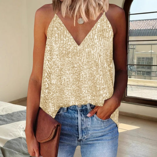 Damen Funkelndes Pailletten-Oberteil mit tiefem V-Ausschnitt und schmalen Trägern Heidi-Mode