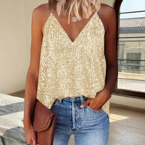 Damen Funkelndes Pailletten-Oberteil mit tiefem V-Ausschnitt und schmalen Trägern Heidi-Mode