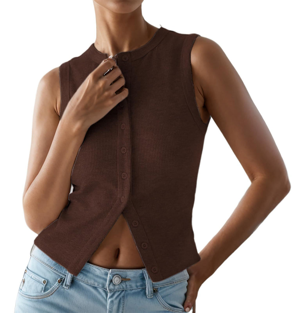 Damen Ärmelloses Knopfoberteil mit Rippstruktur Heidi-Mode