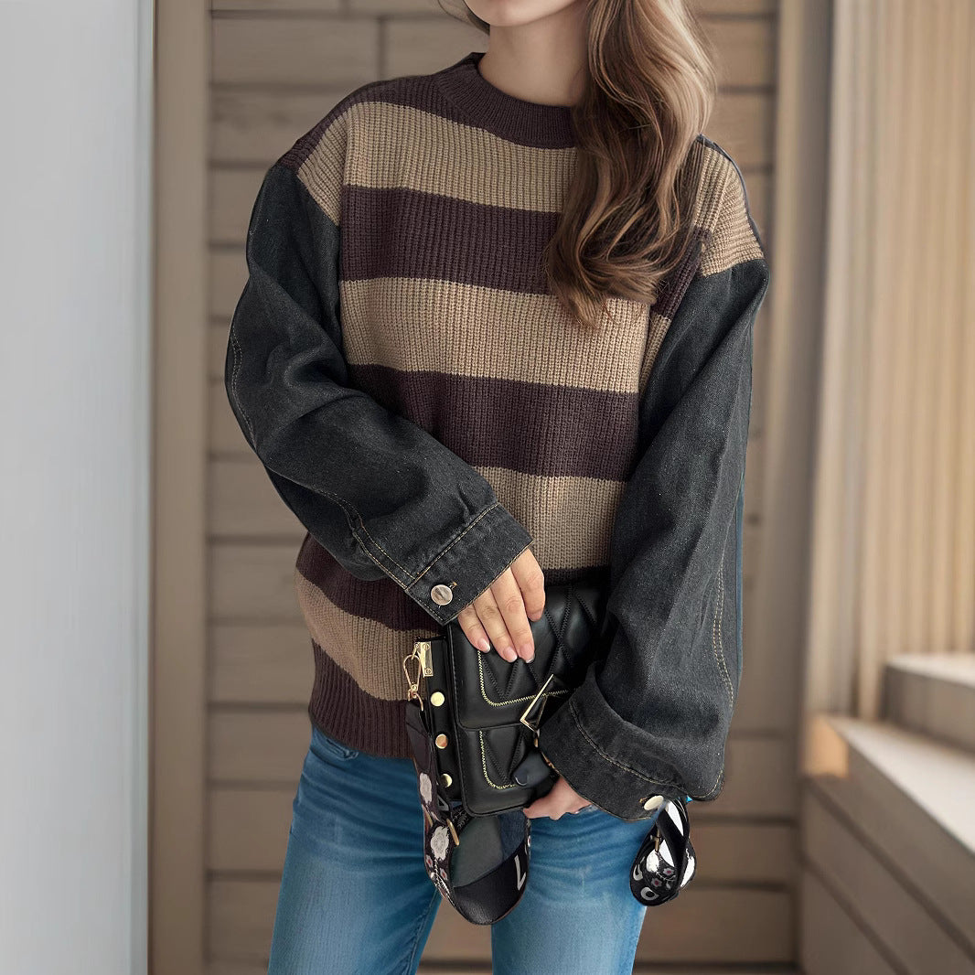Damen lässiger Strickpullover mit auffälligem Blockstreifenmuster und weiten Ärmeln Heidi-Mode