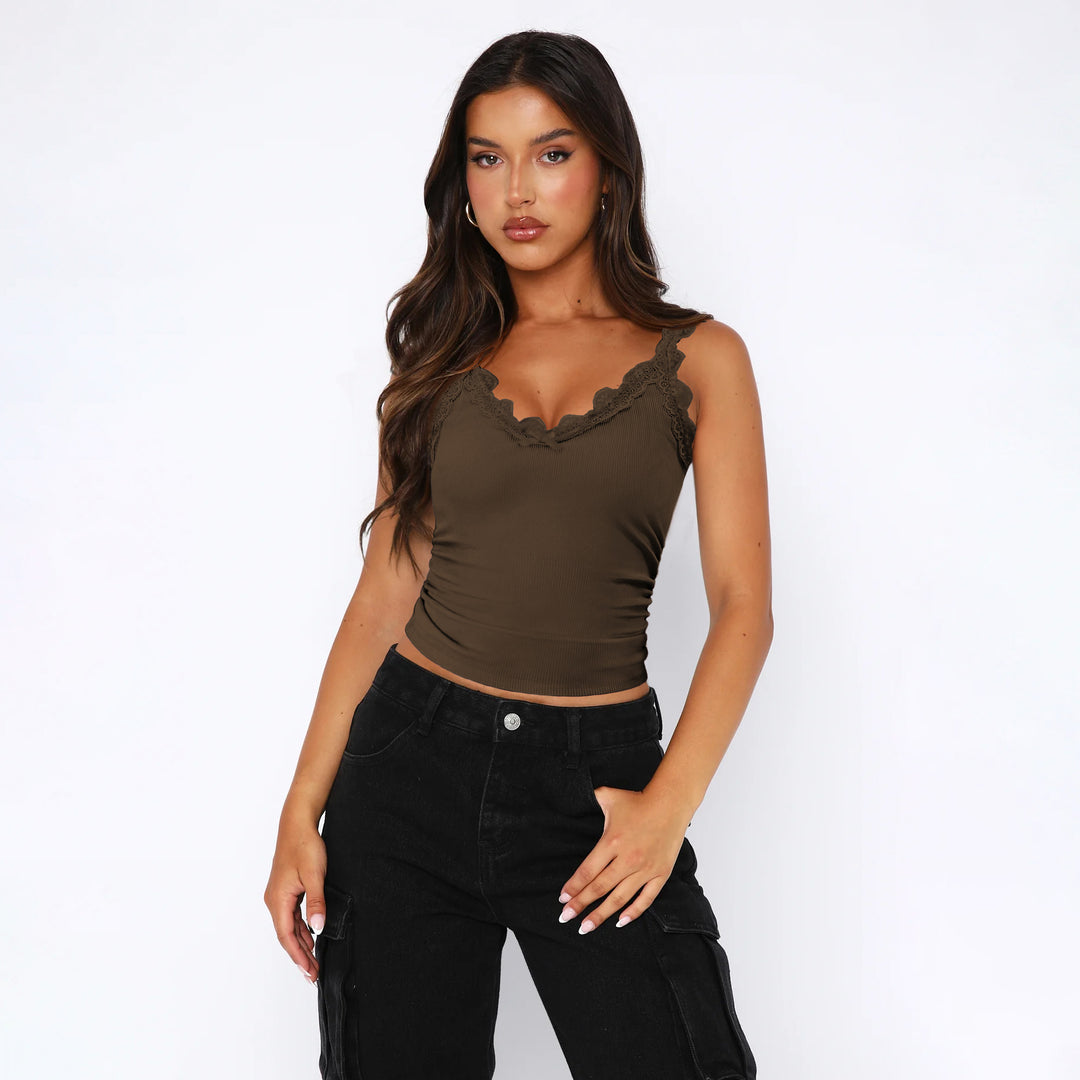 Damen Spitzen-Cami-Top mit verstellbaren Trägern und dekorativem Design Heidi-Mode