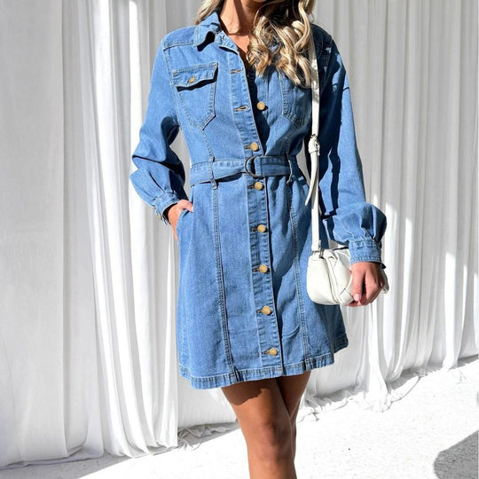 Damen Jeanshemd Kleid mit tailliertem Schnitt und Gürtel Heidi-Mode