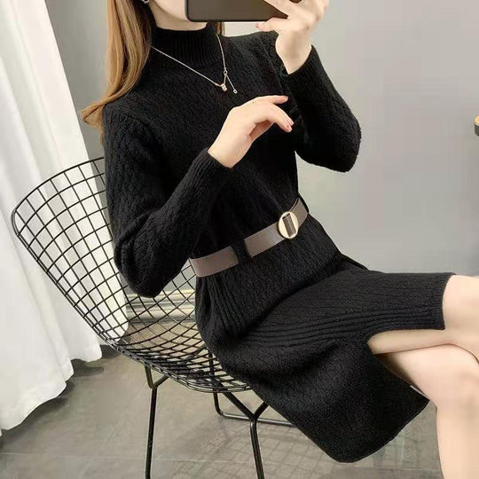 Damen Strickkleid mit hohen Kragen und Taillengürtel Heidi-Mode