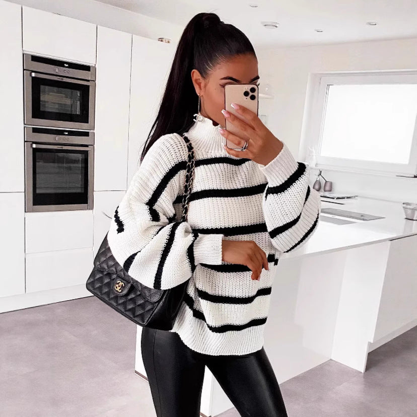 Damen gestreifter Oversized-Pullover mit modischem Rollkragen Heidi-Mode