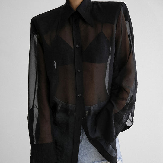 Damen Übergröße Hemdbluse mit asymmetrischem Design und transparenten Ärmeln Heidi-Mode