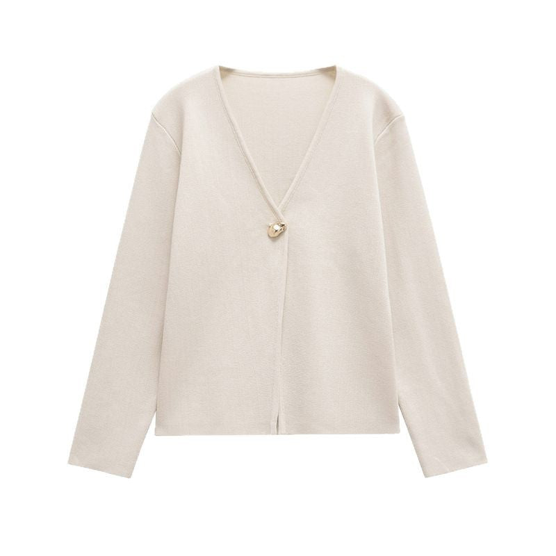 Damen schicke Strickjacke mit elegantem V-Ausschnitt und dekorativem Knopf Heidi-Mode